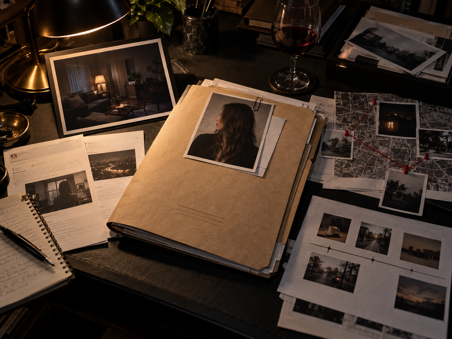 Mesa de detetive com dossiê, retrato, fotografia de uma casa e documentos ligados por linhas vermelhas